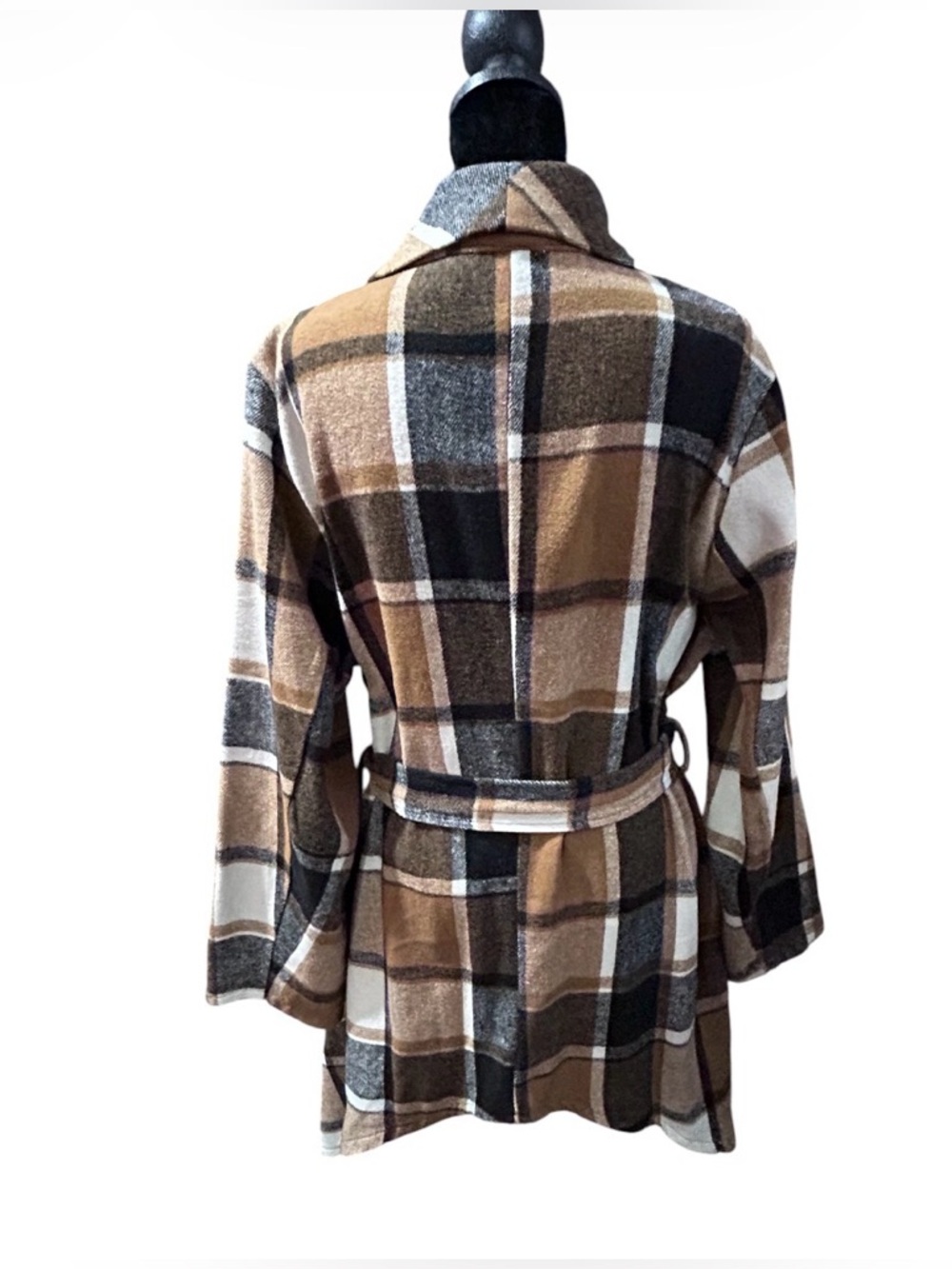 Bloomchic Plus 14-16 Plaid Belted Shawl Collar Cardigan Brown/Black/Cream NWOT - Picture 5 of 15